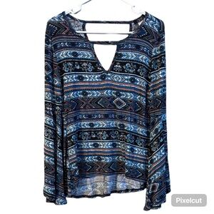 Deb Blue and Black Geometric Aztec Patterned Bell Sleeve Cut Out Blouse Size XL